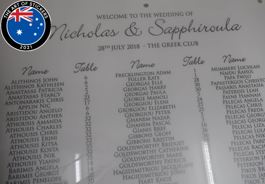 Custom Vinyl Cut Wedding Guest List Table Numbers Silver on White Acrylic Signage Header