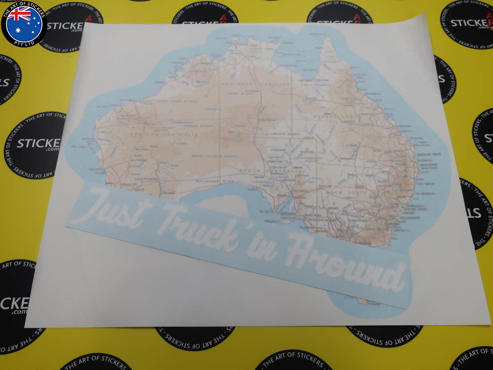 Catalogue Printed Australian Map and Custom Vinyl Cut Lettering Just Truck'in Around Stickers