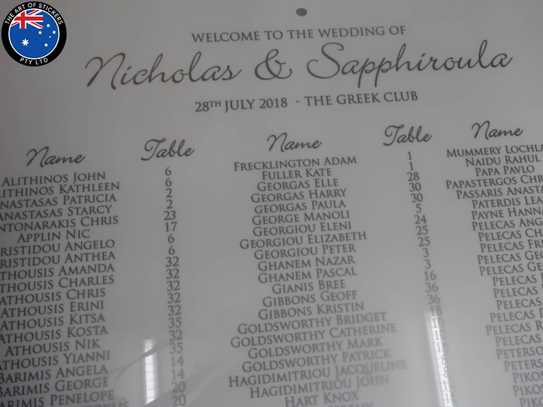 Custom Vinyl Cut Wedding Guest List Table Numbers Silver on White Acrylic Signage Header