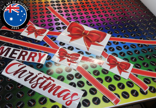 Custom Printed Contour Cut Static Cling Film Merry Christmas Ribbons Bows Wheel Of Brisbane Business Signage