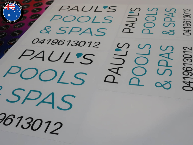 Custom Printed Contour Cut Paul's Pool and Spas Business Stickers 