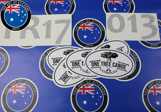 Vinyl Cut Lettering and Printed Contour Cut Die Cut One Tree Canoe Company Vinyl Business Stickers