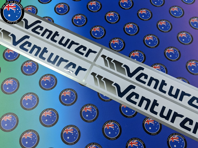 Custom Printed Silver Metallic Contour Cut Venturer Vinyl Business Logo Stickers