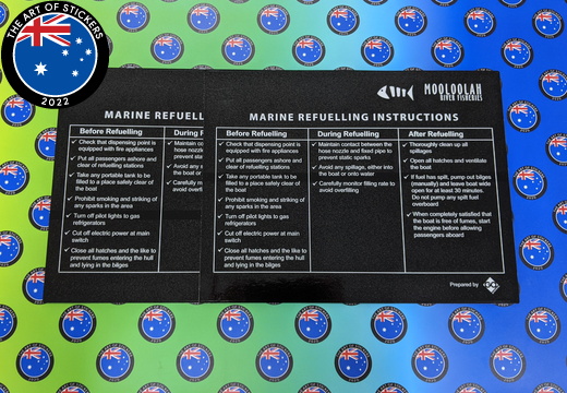 Custom Printed Contour Cut Die-Cut Mooloolah River Fisheries Marine Refuelling Instructions Vinyl Business Stickers