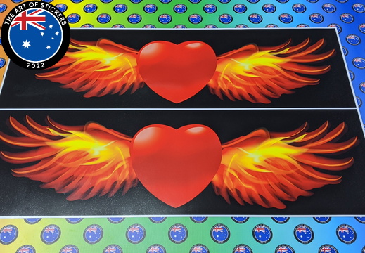 Custom Printed Hand Cut Heart with Flame Wings Vinyl Stickers