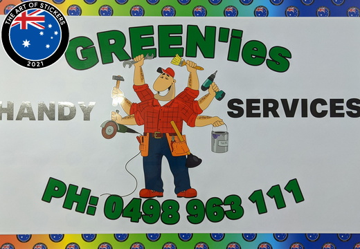 Custom Printed Contour Cut Greenie's Handy Services Vinyl Business Logo Vehicle Stickers