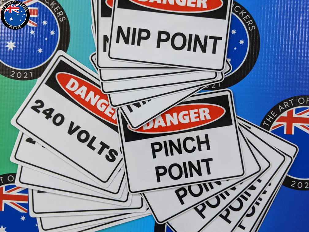 Catalogue Printed Contour Cut Die-Cut 240 Volts Nip Pinch Point Vinyl Business Safety Signage Stickers