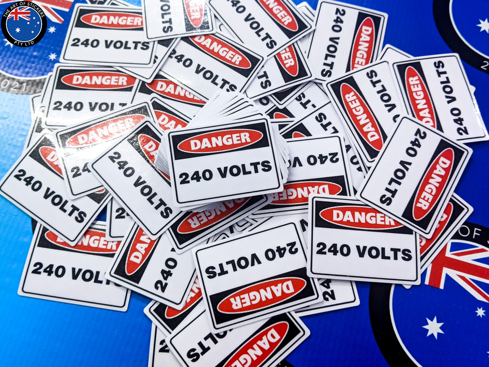 Bulk Catalogue Printed Contour Cut Die-Cut 240 Volts Vinyl Business Safety Signage Stickers