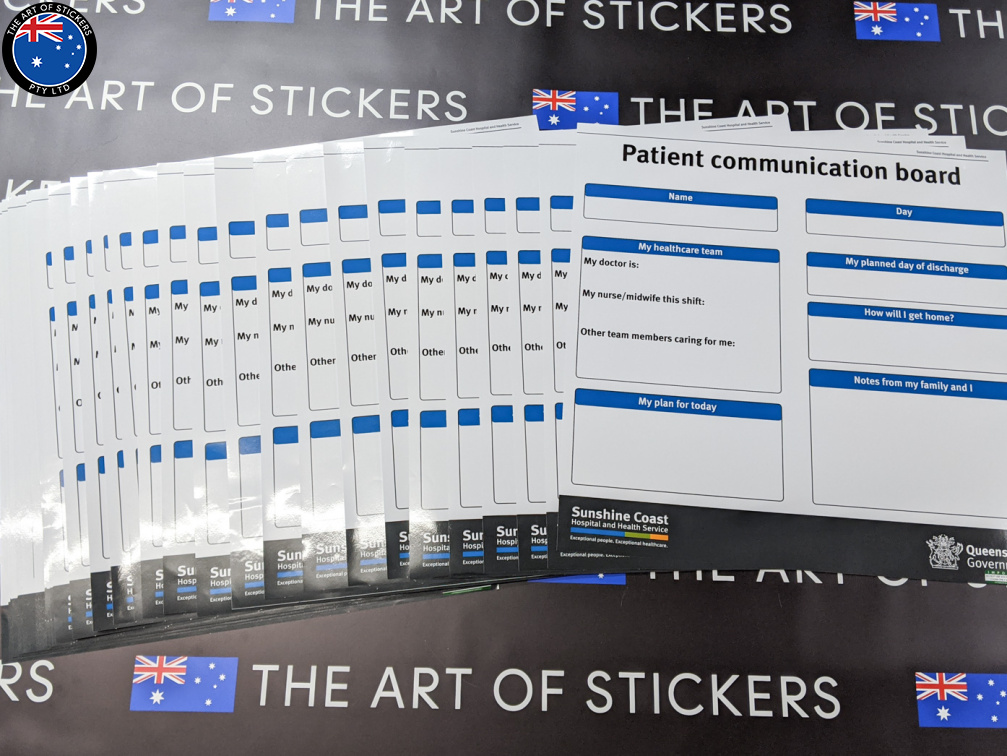 Custom Printed Dry-Erase Laminated Sunshine Coast Hospital Patient Communication Whiteboard Stickers