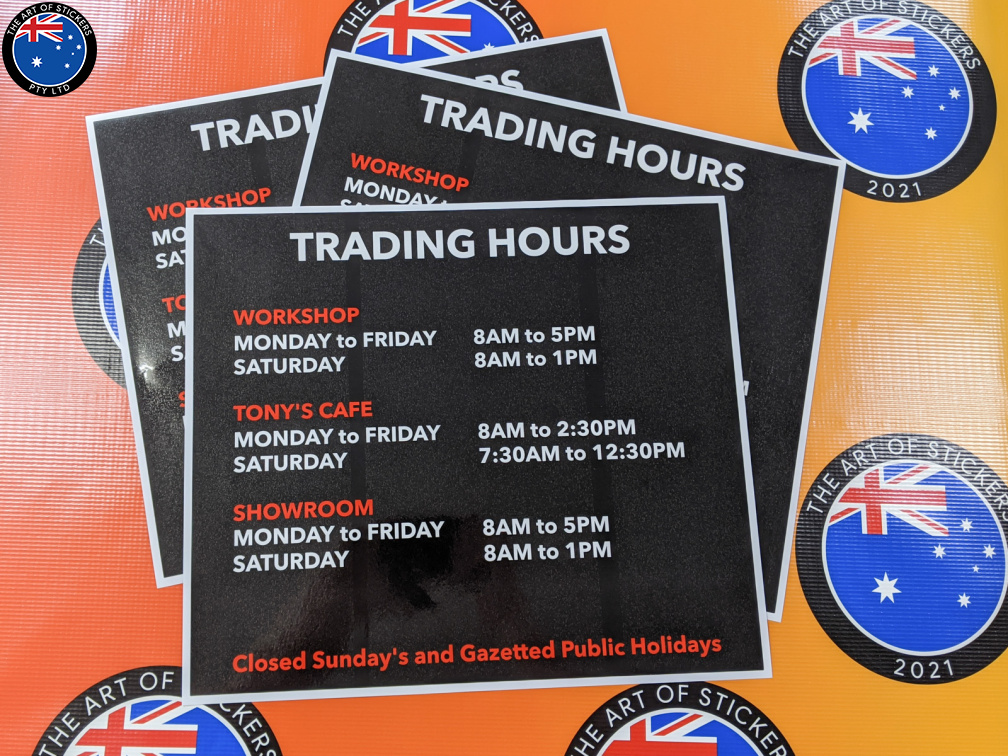 Custom Printed Contour Cut Trading Hours Vinyl Business Signage Stickers