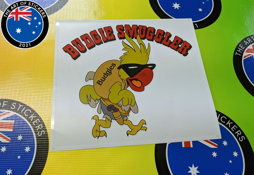 Custom Printed Contour Cut Budgie Smuggler Vinyl Cartoon Decal Sticker