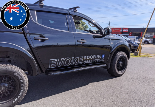 Custom Printed and Vinyl Cut Evoke Roofing Business Vehicle Logo Graphics Drivers Side Angle