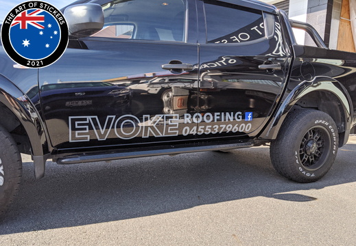 Custom Printed and Vinyl Cut Evoke Roofing Business Vehicle Logo Graphics Passenger Side