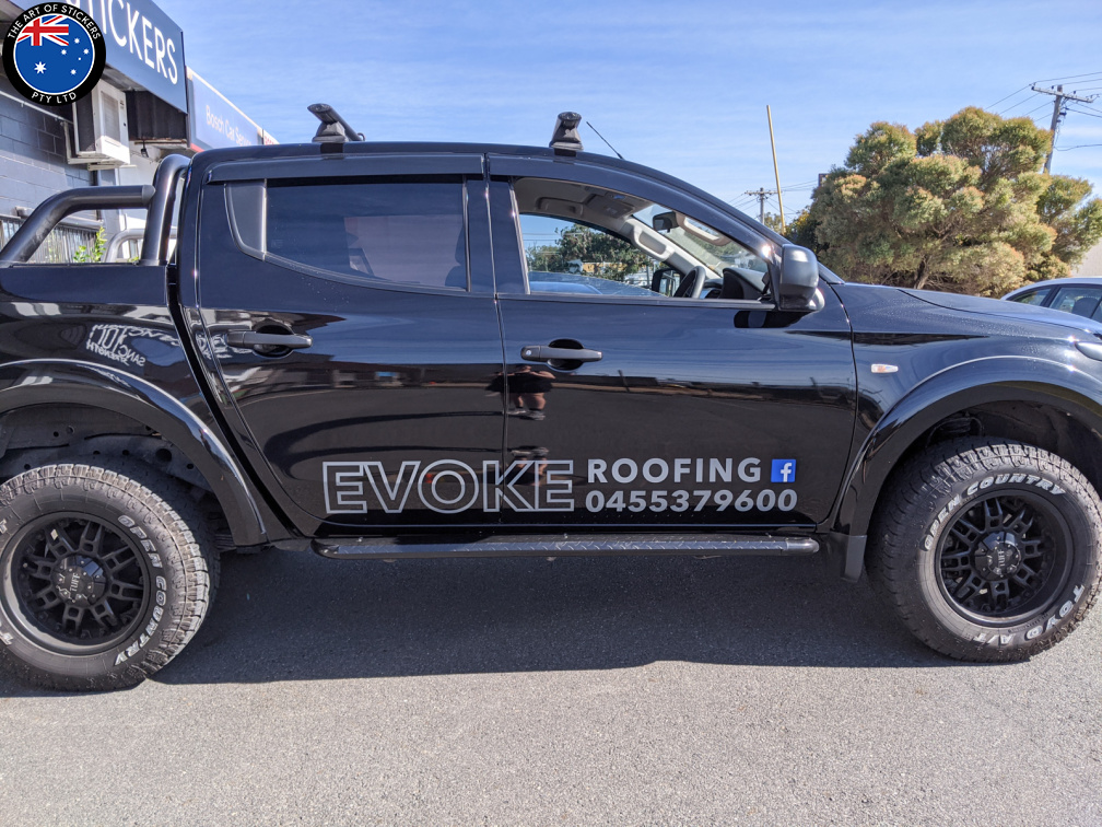 Custom Printed and Vinyl Cut Evoke Roofing Business Vehicle Logo Graphics Drivers Side
