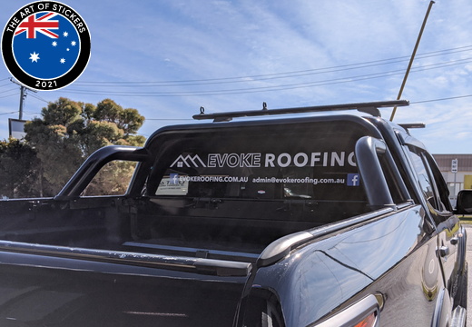 Custom Vinyl Cut Evoke Roofing Vehicle Graphics Rear Window