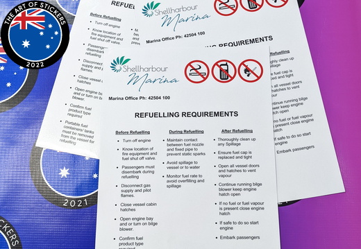 Custom Printed Contour Cut Die-Cut Shellharbour Marina Refuelling Requirements Vinyl Business Safety Signage Stickers