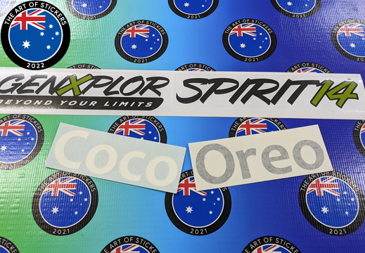 Custom Mixed Printed Contour Cut Genexplor & Spirit 14, Vinyl Cut Lettering Coco & Oreo Business Stickers