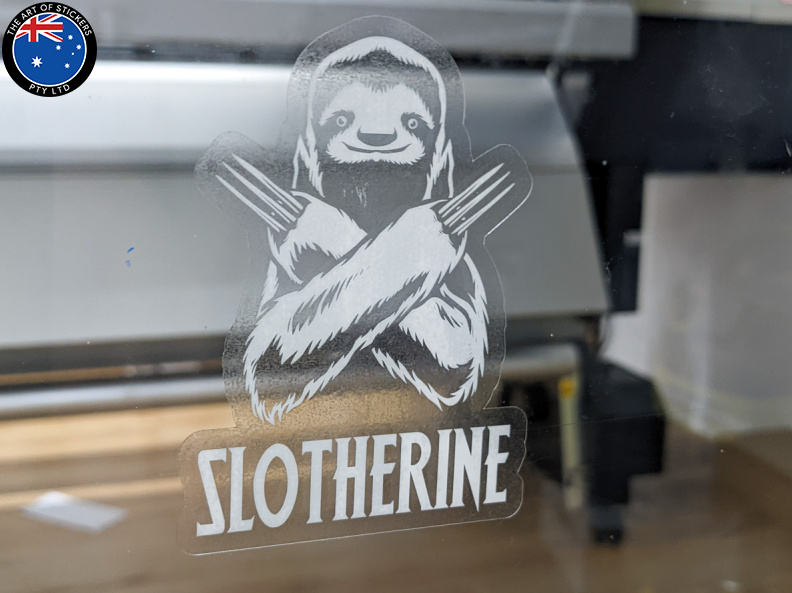 Custom Printed Contour Cut Die-Cut Slotherine White Ink on Clear Vinyl Business Logo Stickers