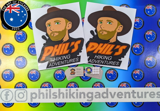 Custom Mixed Printed and Vinyl Cut Phil's Hiking Adventure Stickers with Business Cards