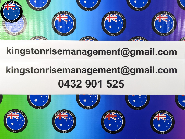 Custom Printed Contour Cut Kingston Rise Management Vinyl Business Contact Information Stickers