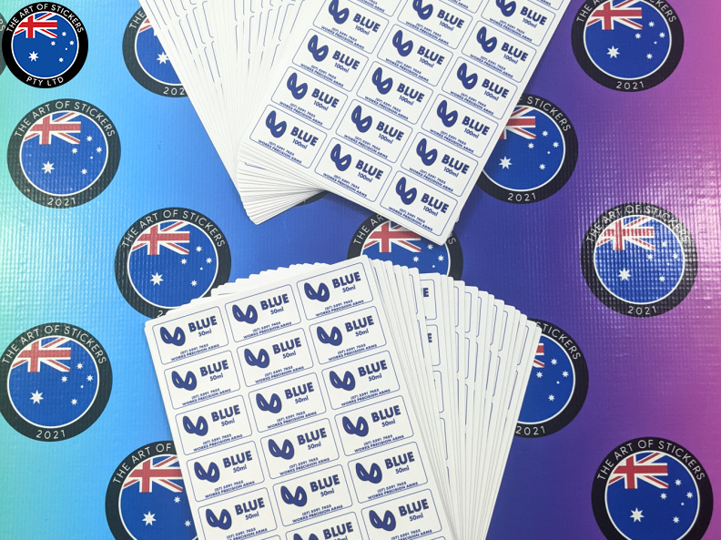Bulk Custom Printed Contour Cut Die-Cut Blue Merchandise Label Vinyl Business Sticker Sheets