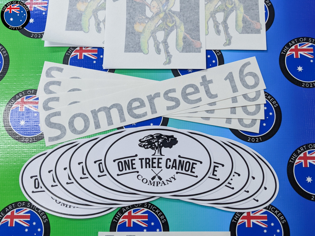 Custom Mixed Order Printed Contour Cut Die-Cut One Tree Canoe Business Logo and Vinyl Cut Lettering Stickers