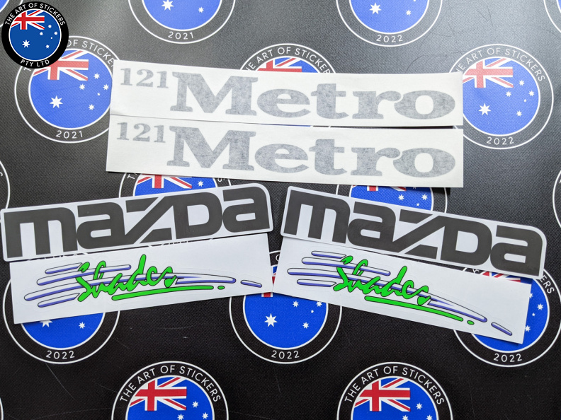 Custom Mixed Printed Die-Cut Mazda Shades and Vinyl Cut 121 Metro Vinyl Business Stickers