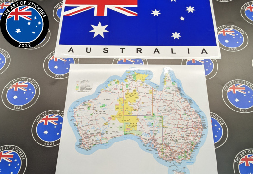 Catalogue Printed Contour Cut Australia Flag and Map Vinyl Sticker Set