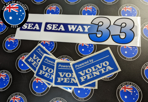 Custom Printed Contour Cut Die-Cut Sea Way 33 With Chrome Powered by Vinyl Business Stickers