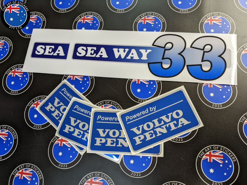 Custom Printed Contour Cut Die-Cut Sea Way 33 With Chrome Powered by Vinyl Business Stickers