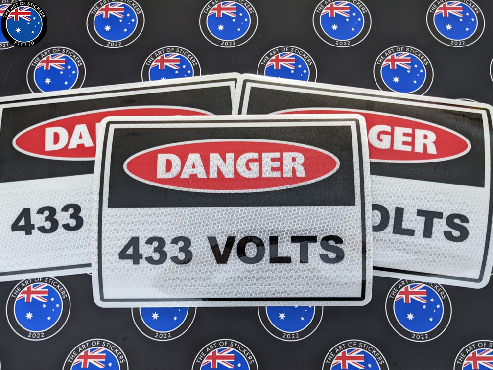 Custom Printed Contour Cut Danger 433 Volts Reflective Vinyl Business Stickers
