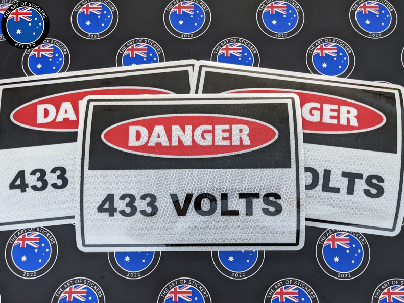 Custom Printed Contour Cut Danger 433 Volts Reflective Vinyl Business Stickers