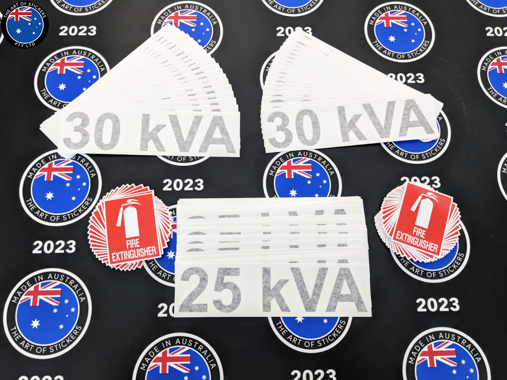 Custom Mixed Printed Die-Cut Fire Extinguisher and Vinyl Cut Lettering kVa Business Safety Signage Stickers