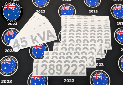 Custom Vinyl Cut 45 kVa Lettering and Sequential ID Number Business Stickers