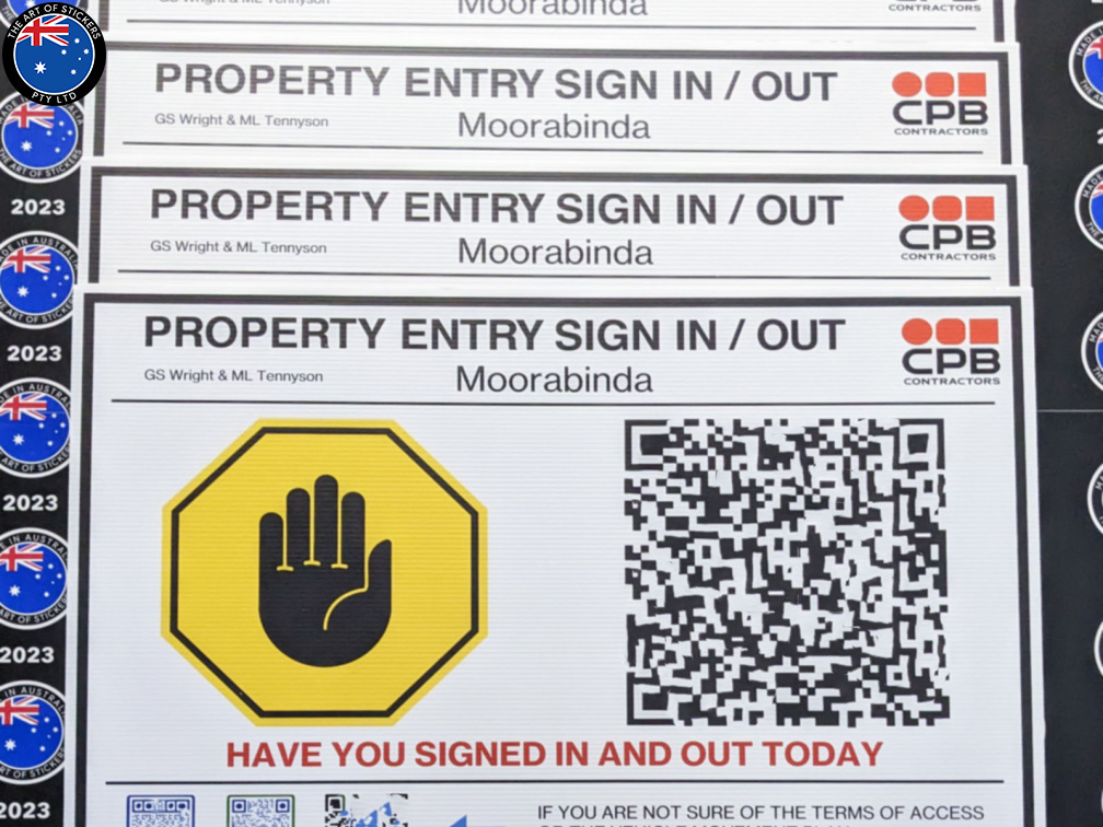 Custom Printed CPB Contractors QR Code Property Entry Sign in Out Corflute Business Signage