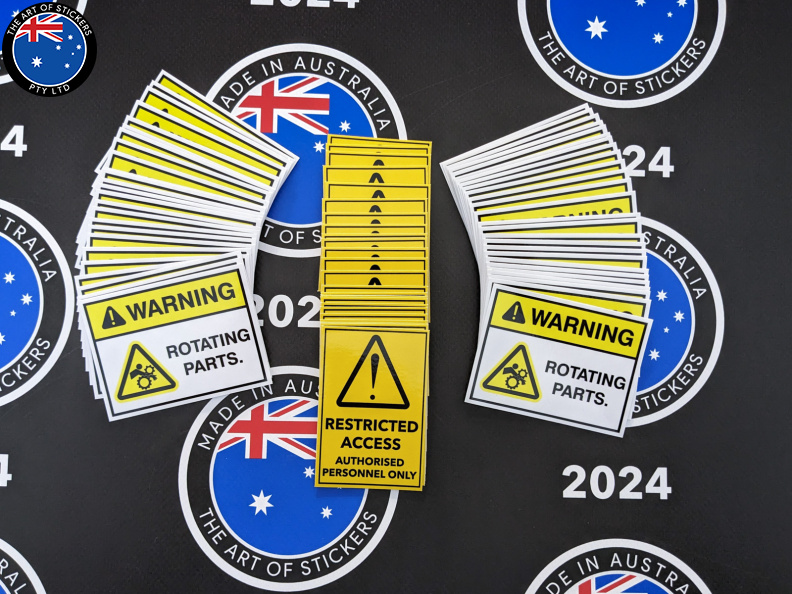 Bulk Catalogue Printed Contour Cut Die-Cut Warning Rotating Parts Restricted Access Vinyl Business Safety Signage Stickers